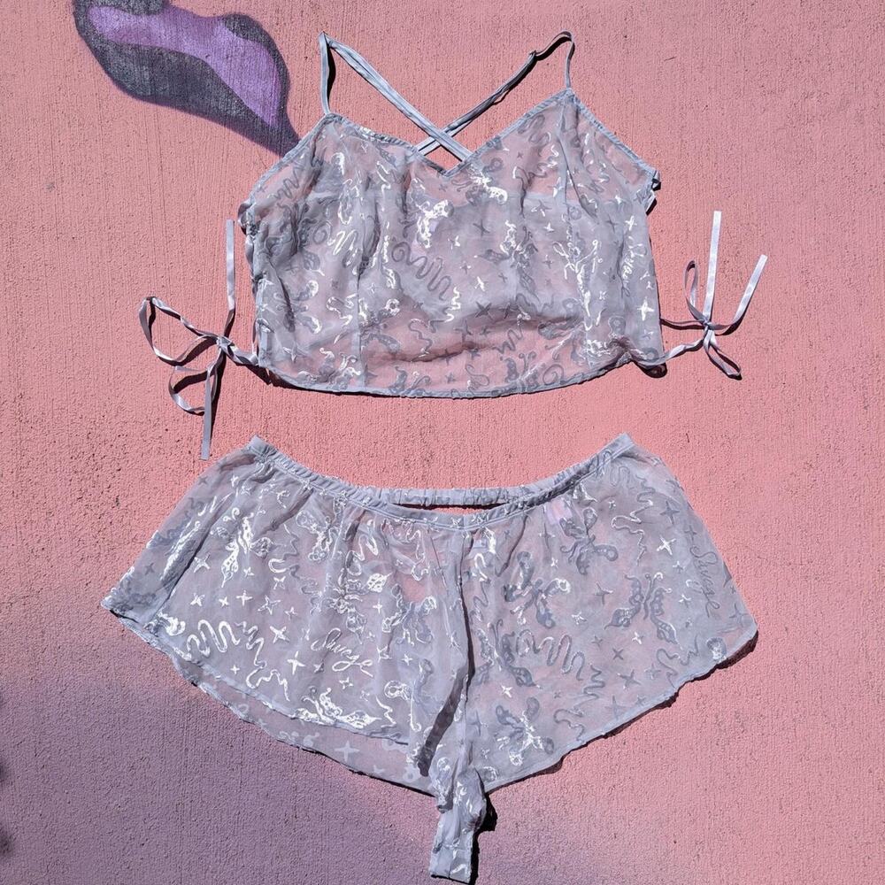 Savage X Fenty NWOT Silver Velvet Devoré Sheer Cami & Shorts Lounge Set 2X